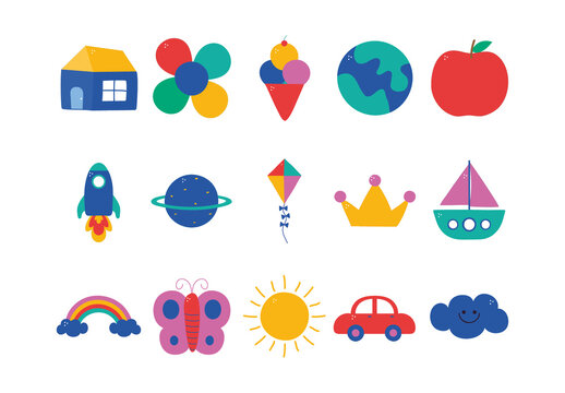 Colorful Kids Drawns Cute Fun Illustrations Set