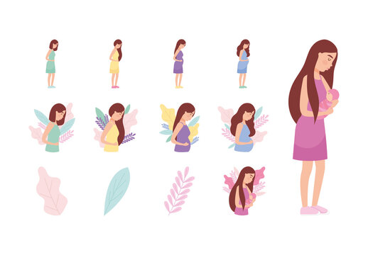 Colorful Pregnancy Mother Baby Maternity Illustrations Set