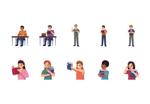 Colorful Students Learning Studying Education Illustrations Set
