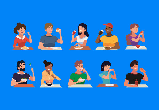 Colorful People Eating Food Meal Lifestyle Illustrations Set