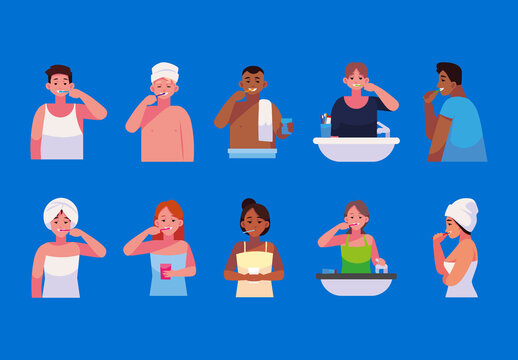 Colorful Brushing Teeth People Daily Hygiene Illustrations Set