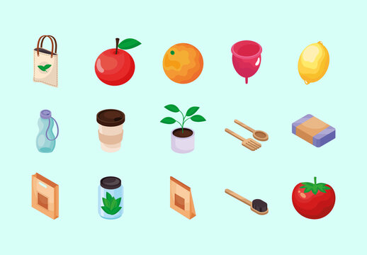 Colorful Eco Friendly Sustainability Zero Waste Lifestyle Illustrations Set