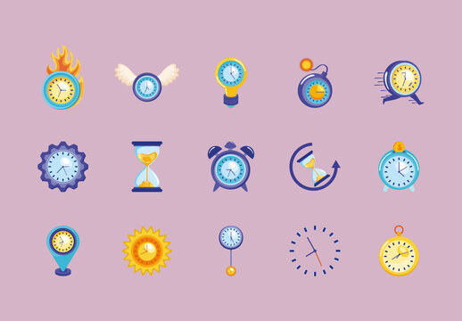 Colorful Time Clock Watch Illustrations Set