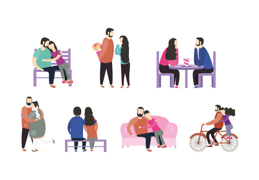 Colorful Valentines Day Couple Love Romance Illustrations Set
