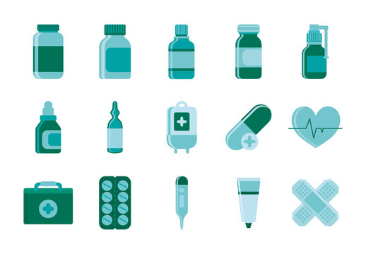 Green And Blue Pharmacy Medical Healthcare Illustrations Set