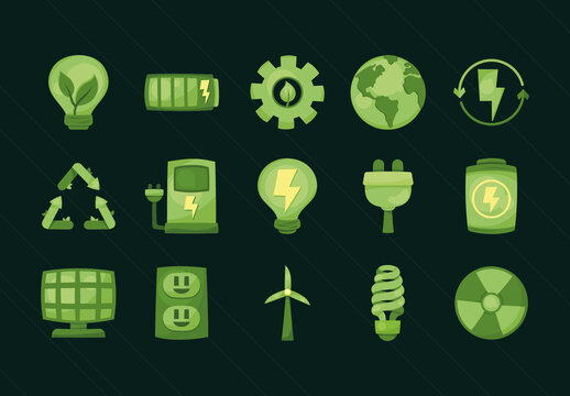 Green And Yellow Energy Ecology Electricity Power Renewable Icons Set