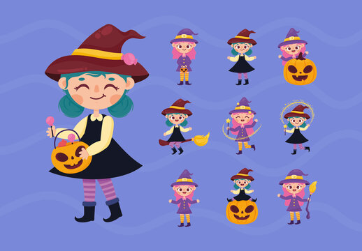Colorful Witch Halloween Magic Illustrations Set