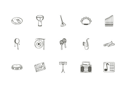 Black And White Music Instruments Sketch Icons Set