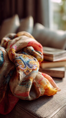 Elegant silk scarf draped artistically on a sofa with books, evoking sophistication and comfort, perfect for lifestyle and home decor designs