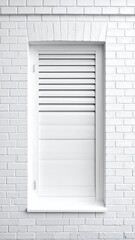 White window with louvered shutters on a white brick wall