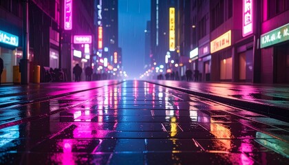 Obraz premium 雨で濡れた道路に反射する街の灯り 