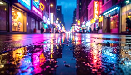 Obraz premium 雨で濡れた道路に反射する街の灯り 