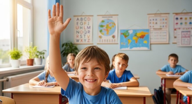 Young boy raises hand in classroom eager to answer question