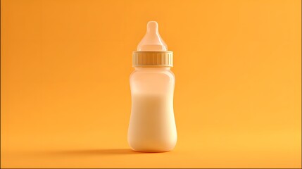 Bottle of baby food on orange background. Close-up.