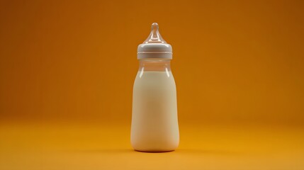 Bottle of baby food on orange background. Close-up.