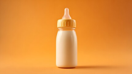 Bottle of baby food on orange background. Close-up.