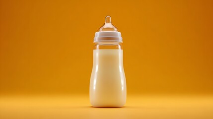 Bottle of baby food on orange background. Close-up.