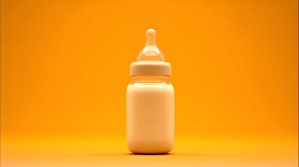 Bottle of baby food on orange background. Close-up.