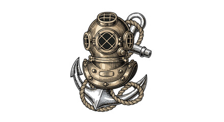 Vintage deep sea diving helmet rests on an antique anchor symbolizing maritime exploration and underwater adventure.