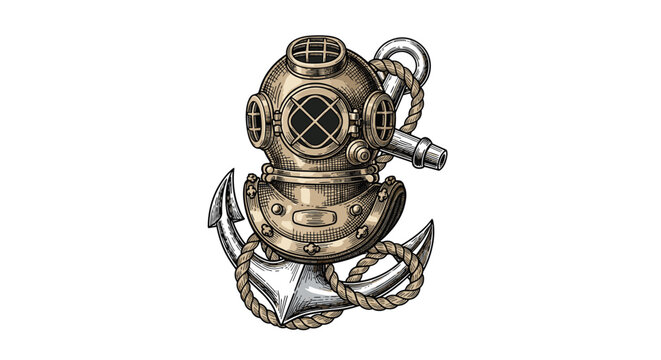 Vintage deep sea diving helmet rests on an antique anchor symbolizing maritime exploration and underwater adventure.