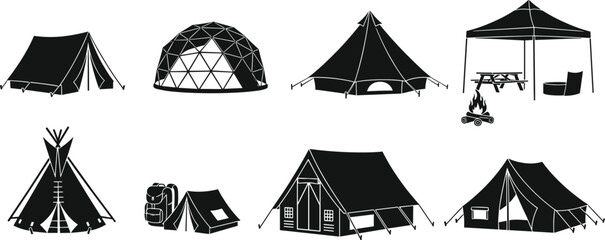 Vector Set of Eight Camping Tent Silhouettes Featuring Dome, Tipi, Cabin, Tunnel, and A-Frame Designs with Outdoor Elements on White Background © Julfikar