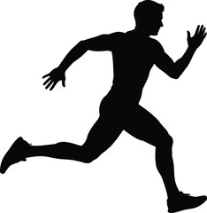 Silhouette of athlete running in motion, black vector sports illustration showing speed, fitness, exercise, training, health, action, dynamic lifestyle design.