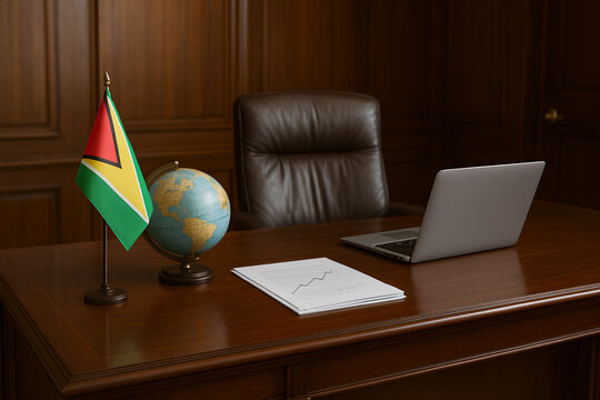 Office setup : Guyana national flag, globe, and modern tech setup.
