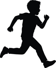Silhouette of child running in motion, black vector illustration showing speed, energy, childhood activity, fitness, exercise, health, dynamic lifestyle design.