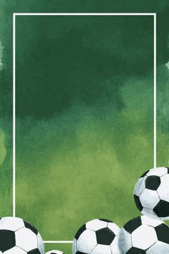 A vertical watercolor-style image features a dark-green background with several soccer balls clustered at the bottom, partially obscured; a simple white rectangular frame outlines the central space