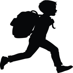 Silhouette of child running with school backpack, black vector illustration showing education, motion, childhood activity, urgency, fitness, daily lifestyle design.