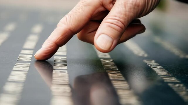 Elderly hand tracing engraved text on memorial plaque
