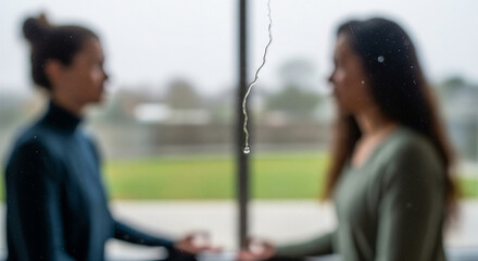 Two women find clarity and inner peace through focused meditation, with a single raindrop on the window symbolizing their shared mindful connection