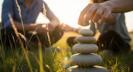 Couple finding inner peace and balance by stacking smooth stones in a sunlit meadow, a concept of zen, stability, and harmony