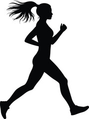 Silhouette of female runner with ponytail in motion, black vector sports illustration showing fitness, exercise, speed, training, healthy lifestyle design.