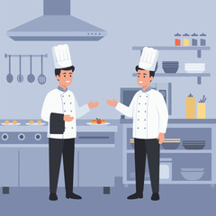 Two Chefs Talking in Professional Kitchen