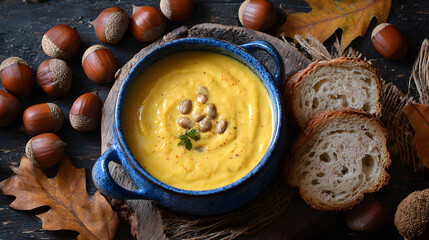 Cozy autumn scene with creamy pumpkin soup in blue bowl, garnished with seeds and surrounded by rustic bread slices, acorns, and autumn leaves on dark wooden table