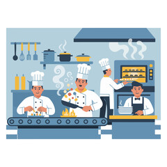 Culinary Team Preparing Dishes in Commercial Kitchen Illustration