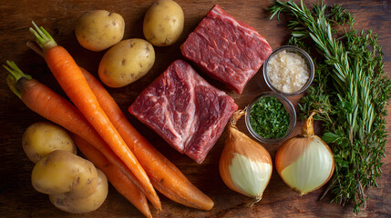 Rustic flat lay of hearty beef stew ingredients including fresh carrots, potatoes, onions, and herbs, creating warm and inviting culinary scene