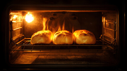 Three loaves of bread baking in oven with warm glow, showcasing golden crust and inviting heat. scene captures essence of home baking and comfort