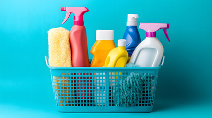 Variety of cleaning supplies, including spray bottles, detergent, and sponges, are neatly organized in blue plastic basket against vibrant blue background