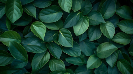 Lush green leaves form dense, natural background with rich texture, evoking sense of tranquility and eco friendliness. organic pattern is soothing and vibrant