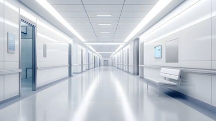 Modern hospital corridor with clean white design and bright lighting creates futuristic and sterile atmosphere. hallway features sleek surfaces and minimalistic decor, enhancing sense of calm