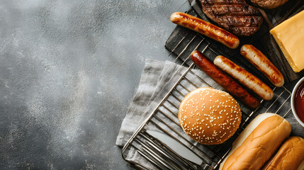 Top view of BBQ food arrangement featuring sausages, burger bun, cheese slices, and hot dog buns on grill, creating delicious and inviting scene