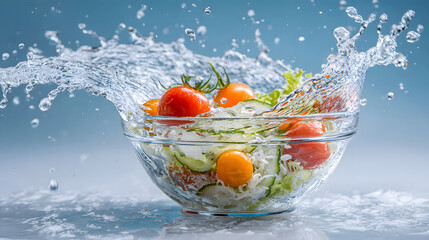 Vibrant splash of water surrounds fresh salad in glass bowl, featuring tomatoes, cucumbers, and lettuce, creating dynamic and refreshing scene