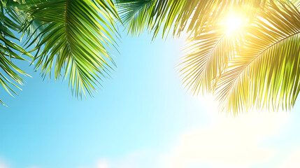 Bright summer sky with sunlight filtering through tropical palm leaves, creating serene and warm atmosphere. vibrant green foliage contrasts beautifully with clear blue sky