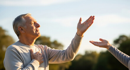 Serene senior man praying with closed eyes and hands lifted to the sky, feeling a spiritual connection and peace in a park