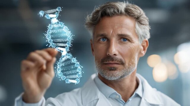 Scientific Exploration: A Researcher Analyzes a Digital Representation of DNA Molecule, Highlighting Advances in Genetic Studies and Biotechnology Innovation.