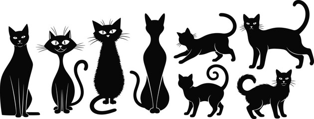 Whimsical Black Cat Silhouettes Vector Collection Featuring Playful Poses, Unique Styles, and Expressive Designs for Halloween, Pet Graphics, and Creative Digital Projects