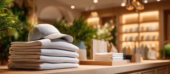 A well-lit shop display showcasing stacked folded textiles and a baseball cap, with blurry background