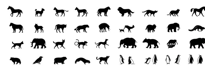 A series of black animal silhouettes including horses, cats, elephants, bears, wolves, and penguins